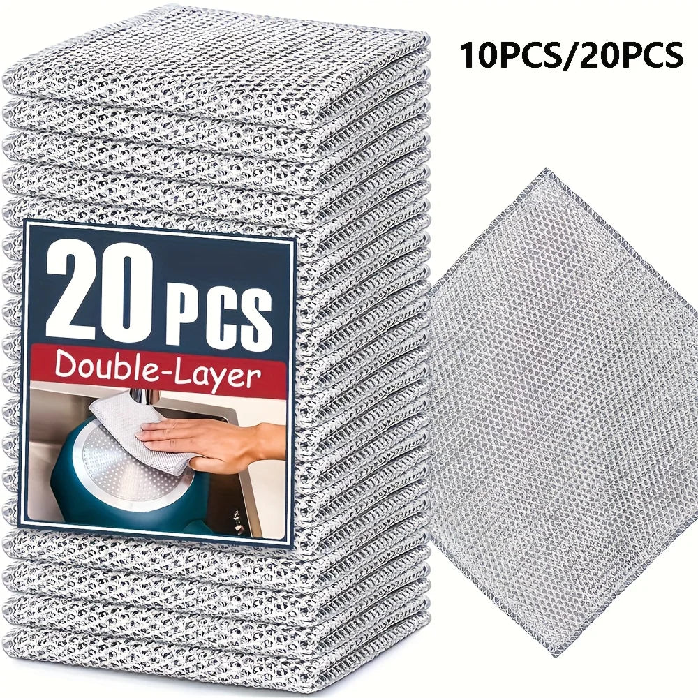 20-5pcs Thickened Steel Wire Cleaning Cloth Non-Scratch Double-layer Iron Microfiber Mesh Dishrag Washing Pot Rags Kitchen Towel