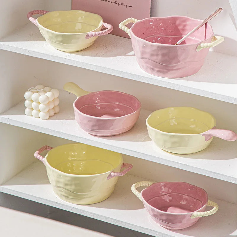 Air Fryer Safe Double Handle Soup Bowls Strawberry Pink Cream Ceramic Baking Dishes For Oven-to-table Cottagecore Gift